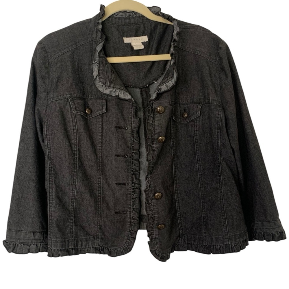 Sandro Dark Washed Denim Ruffle Trim Large Button Front Casual Jean Jacket